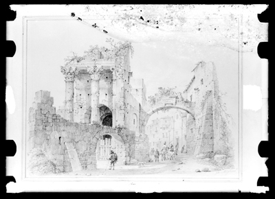 Disegno di vedute fantastiche di rovine antiche di G. Migliara
